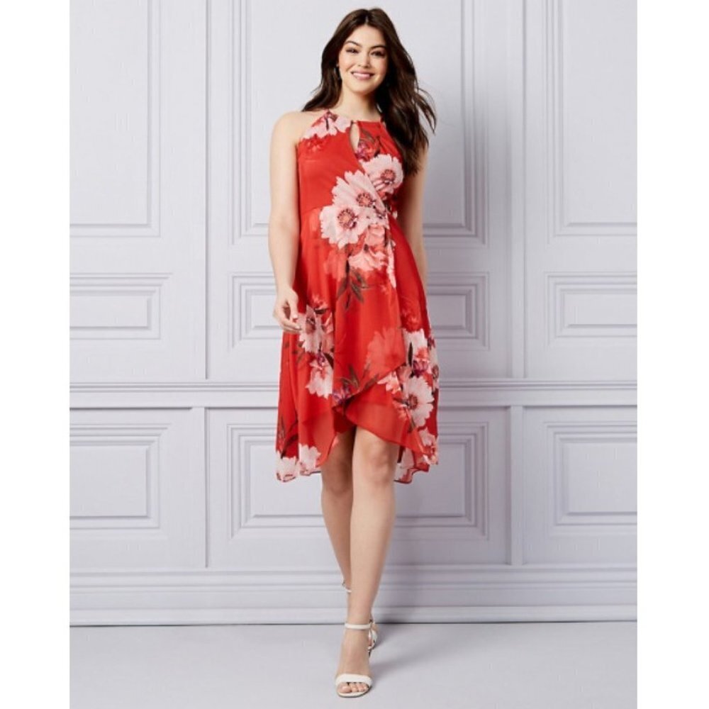 Women Le Chateau Floral Print Knit Halter Neck Papaya / Blush Dress Size…